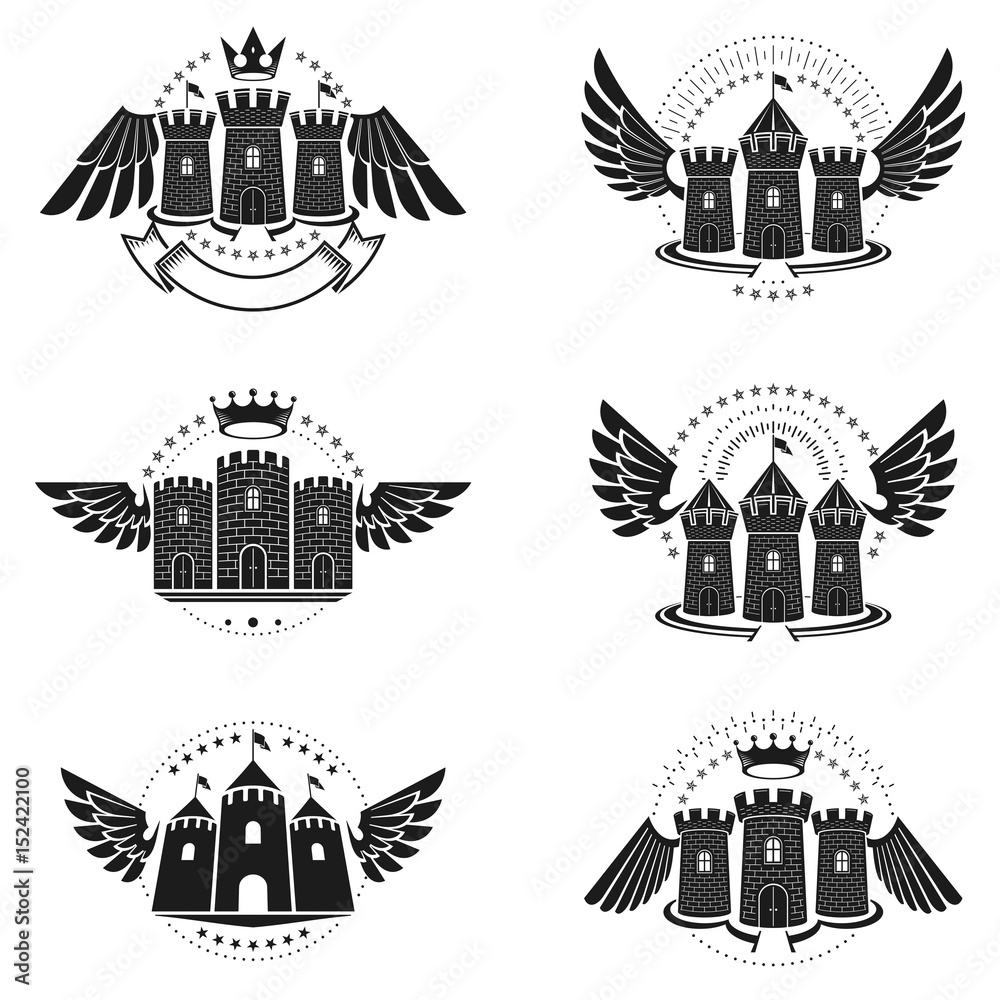 Ancient Bastions emblems set. Heraldic vector design elements collection. Retro style label, heraldry logo.