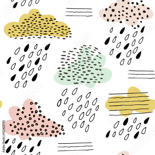 Seamless pattern with clouds and hand drawn shapes. Creative vector childish background for fabric, textile