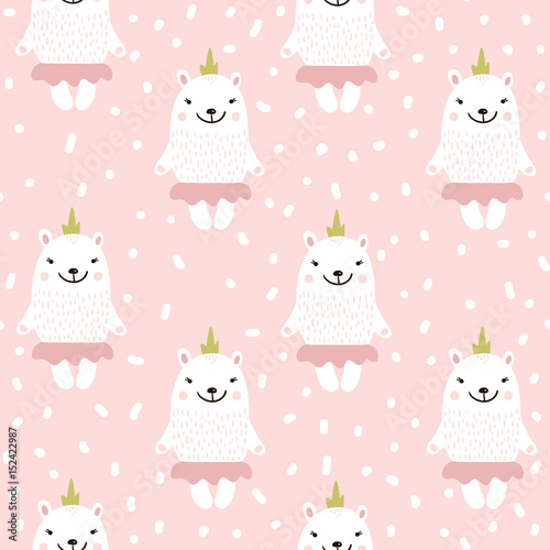 Cute seamless pattern with white baby bear. Childish texture for fabric, textile.Vector Illustration