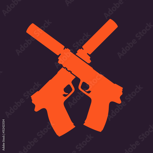 pistols silhouette, handguns with silencers, print with crossed guns