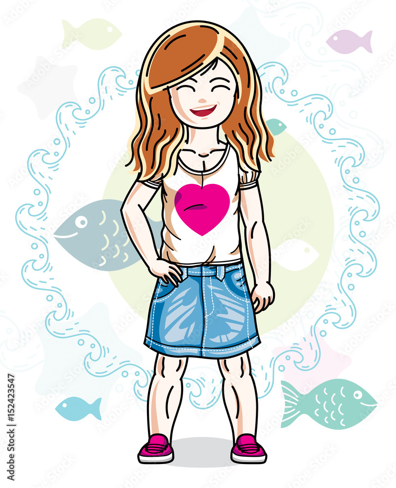 Little redhead girl cute child toddler in casual clothes standing on marine backdrop with ocean and fishes. Vector nice human illustration.