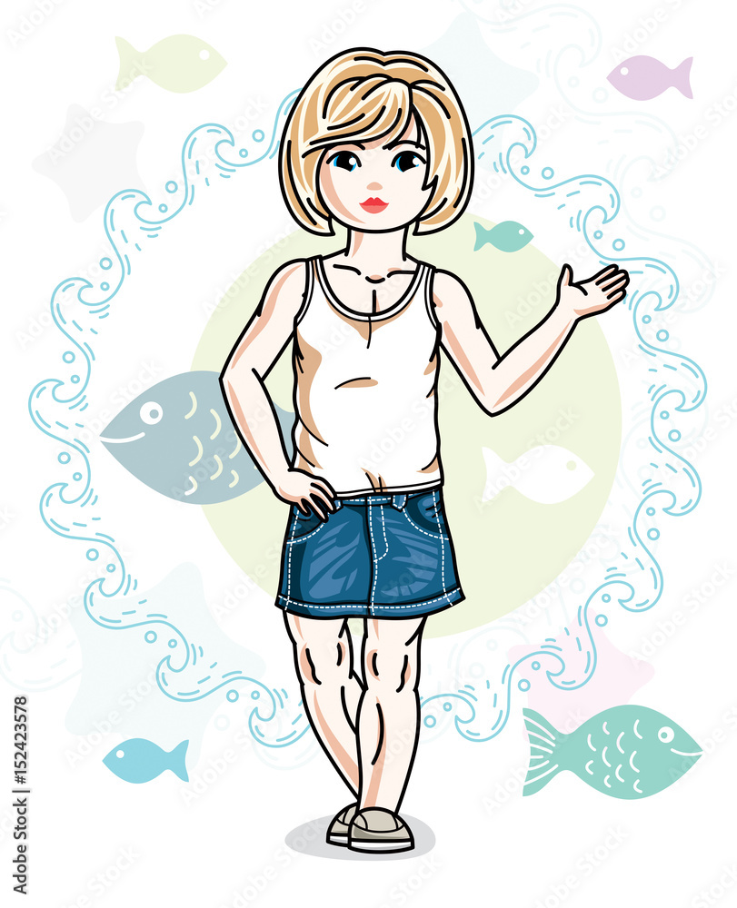 Happy little blonde girl posing on marine background with fishes and wearing fashionable casual clothes. Vector character. Happy little blonde girl posing on marine background with fishes and wearing fashionable casual clothes. Vector character.
