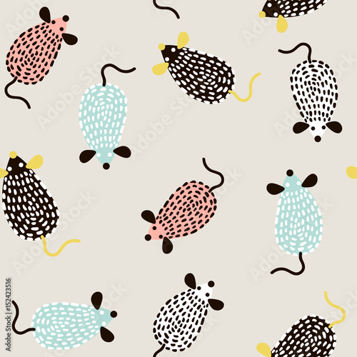 Seamless pattern with cute mouses in scandinavian style. Creative vector childish background for fabric, textile
