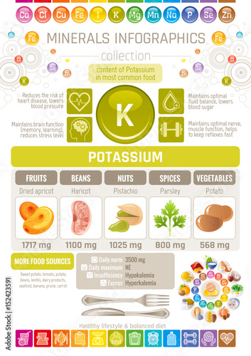 Pottasium Mineral supplement rich food icons. Healthy flat icon set, text letter logo, isolated background. Diet eat Infographics chart banner poster. Table vector illustration, human health benefit