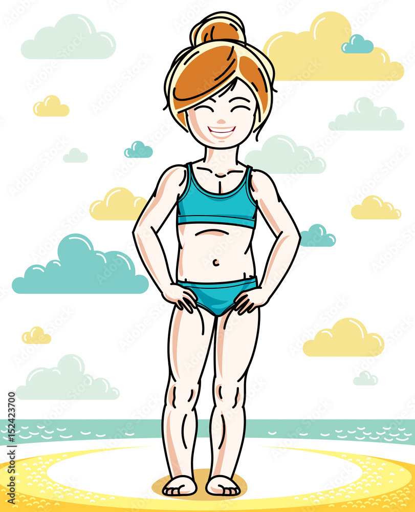 Little redhead girl toddler standing on sunny beach and wearing swimming suit. Vector kid illustration. Summer holidays theme.