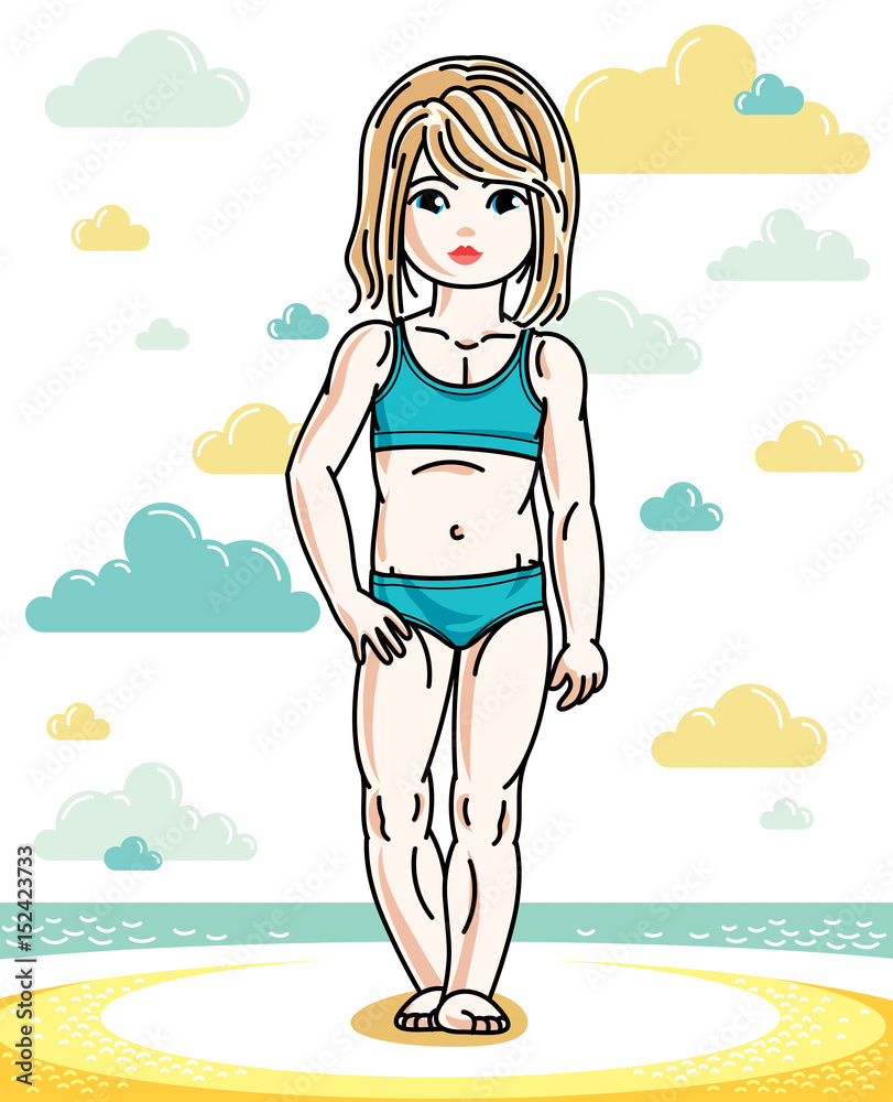 Little blonde girl cute child toddler standing on beach in blue swimsuit. Vector pretty nice human illustration. Summertime and vacation theme.