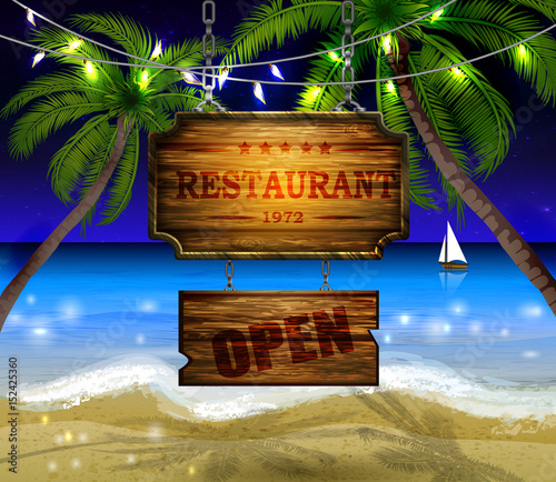 summer wooden sign on tropical beach background