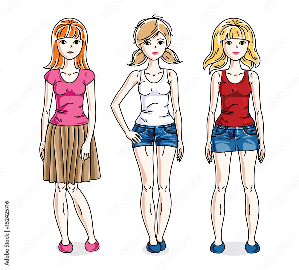 Happy cute young women group standing wearing casual clothes. Vector set of beautiful people illustrations. Happy cute young women group standing wearing casual clothes. Vector set of beautiful people illustrations.