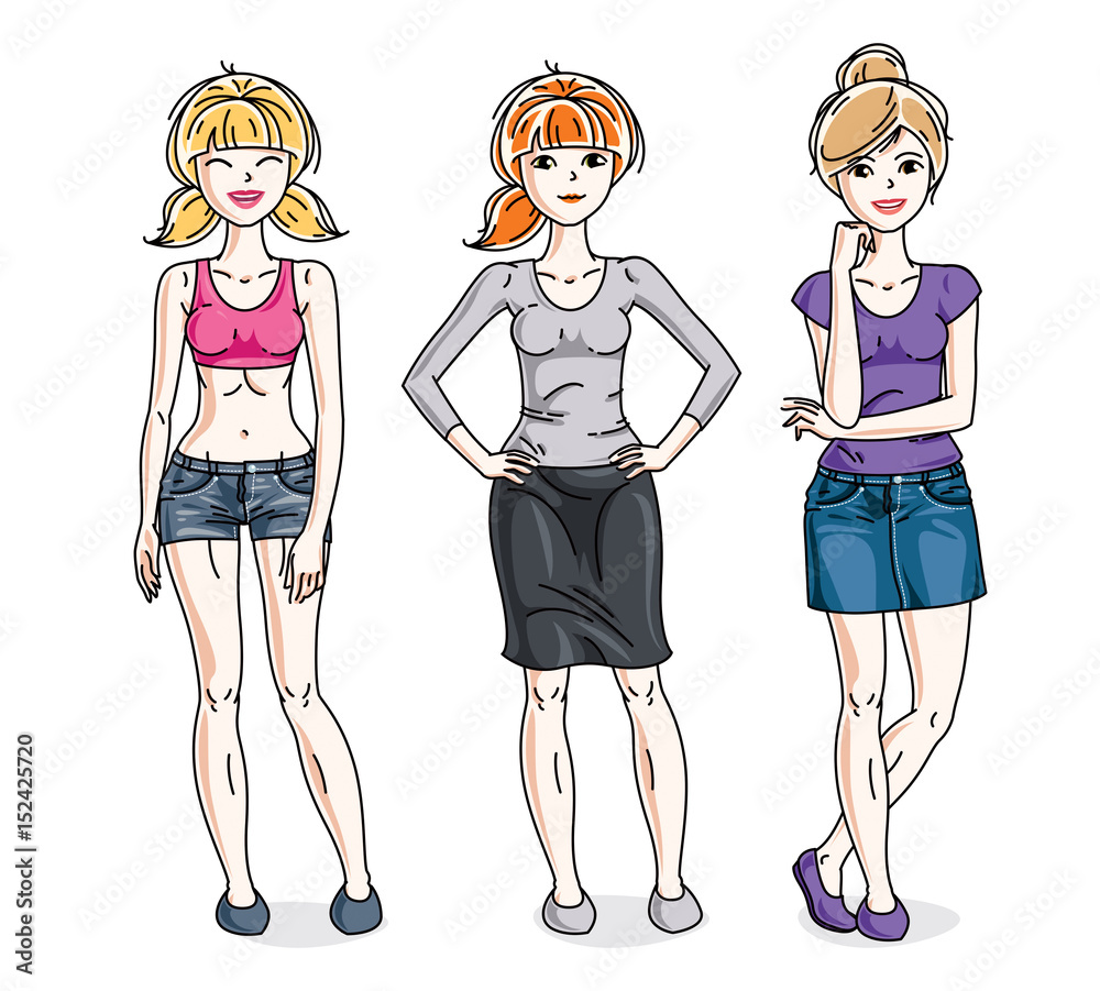 Happy cute young women group standing wearing casual clothes. Vector set of beautiful people illustrations. Fashion and lifestyle theme cartoons. Happy cute young women group standing wearing casual clothes. Vector set of beautiful people illustrations. Fashion and lifestyle theme cartoons.