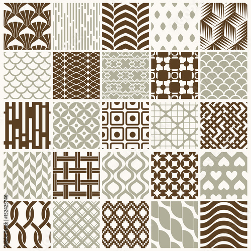 Set of vector endless geometric patterns composed with different figures like rhombuses, squares and circles. 25 graphic tiles with ornamental texture can be used in textile and design.
