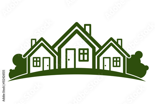 Abstract vector illustration of country houses with horizon line. Village theme picture – green house. Simple buildings on nature background, graphic emblem for advertising and real estate.