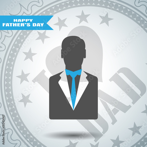 Happy Father's Day vector poster with stamp, man silhouette in dark gray jacket with blue tie on the gradient gray background with blue stripe.