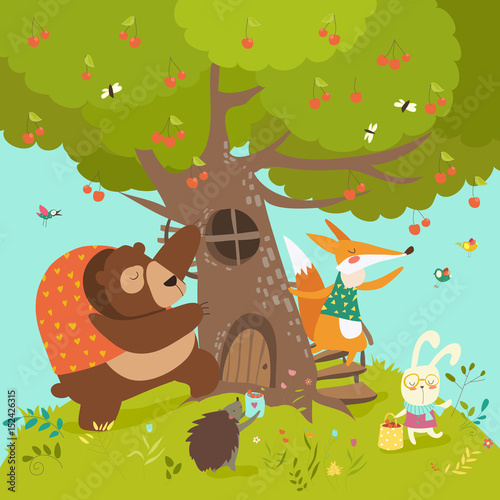 Cute animals harvesting cherries