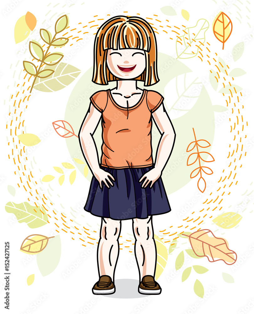 Sweet little redhead girl standing on background of autumn landscape and wearing stylish casual clothes. Vector kid illustration. Sweet little redhead girl standing on background of autumn landscape and wearing stylish casual clothes. Vector kid illustration.