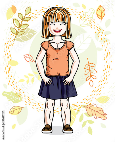 Sweet little redhead girl standing on background of autumn landscape and wearing stylish casual clothes. Vector kid illustration.