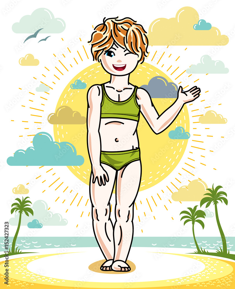 Beautiful happy little redhead girl posing on tropical beach with palms. Vector attractive kid illustration wearing swimming suit.