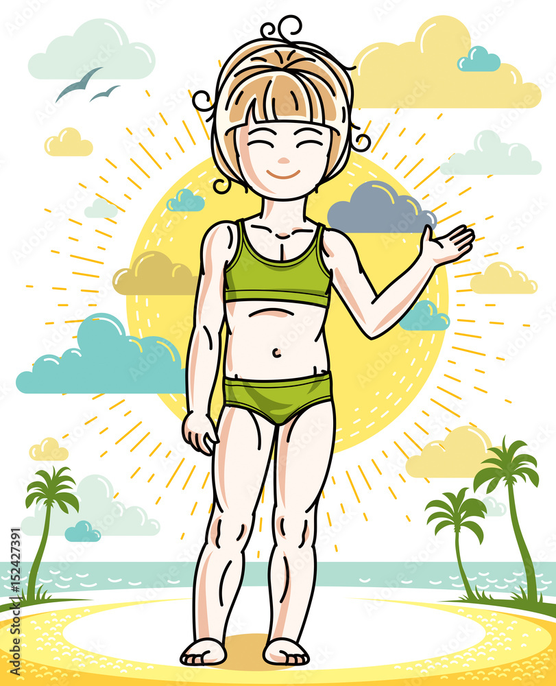 Beautiful little blonde girl cute child standing on tropical beach with palms. Vector human illustration wearing colorful bathing suit.