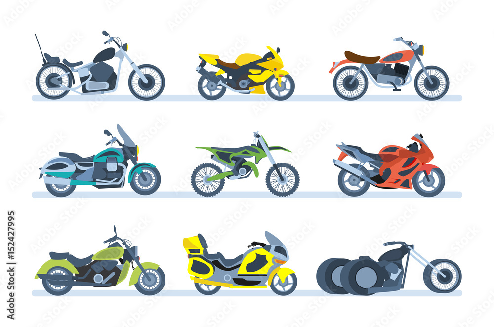 Obraz premium Pojazdy naziemne. Różne rodzaje motocykli: sportowe, turystyczne, klasyczne, terenowe.