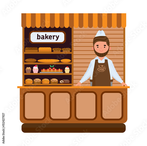 Bakery products and elite bread, sweets, seller in firm apron