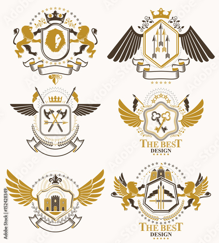 Set of luxury heraldic vector templates. Collection of vector symbolic blazons made using graphic elements, royal crowns, medieval castles, armory and religious crosses.