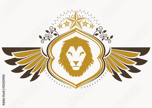 Vintage decorative heraldic vector emblem composed with eagle wings, wild lion illustration and pentagonal stars