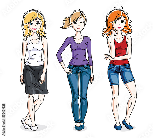 Attractive young adult girls female group standing in stylish casual clothes. Vector set of beautiful people illustrations.