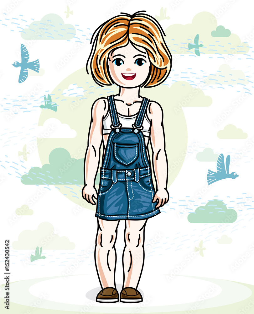 Little red-haired cute girl toddler in casual clothes standing on nature backdrop with birds and clouds. Vector illustration of pretty child. Little red-haired cute girl toddler in casual clothes standing on nature backdrop with birds and clouds. Vector illustration of pretty child.