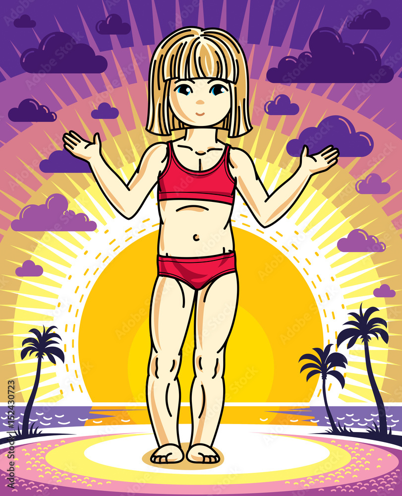 Cute little blonde girl standing on sunset landscape with palms and wearing bath suit. Vector human illustration.