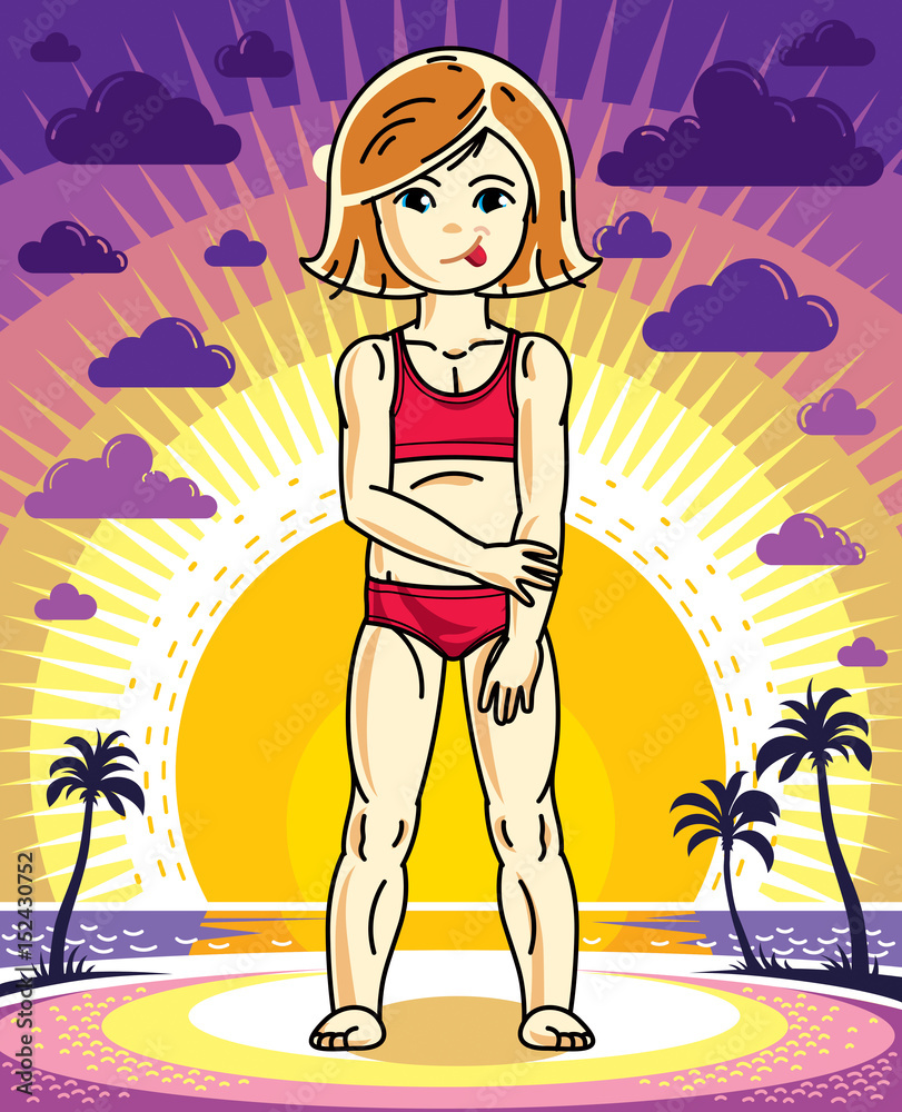 Cute happy little red-haired girl posing on background of sunset landscape with palms and wearing colorful swimming suit. Vector character.
