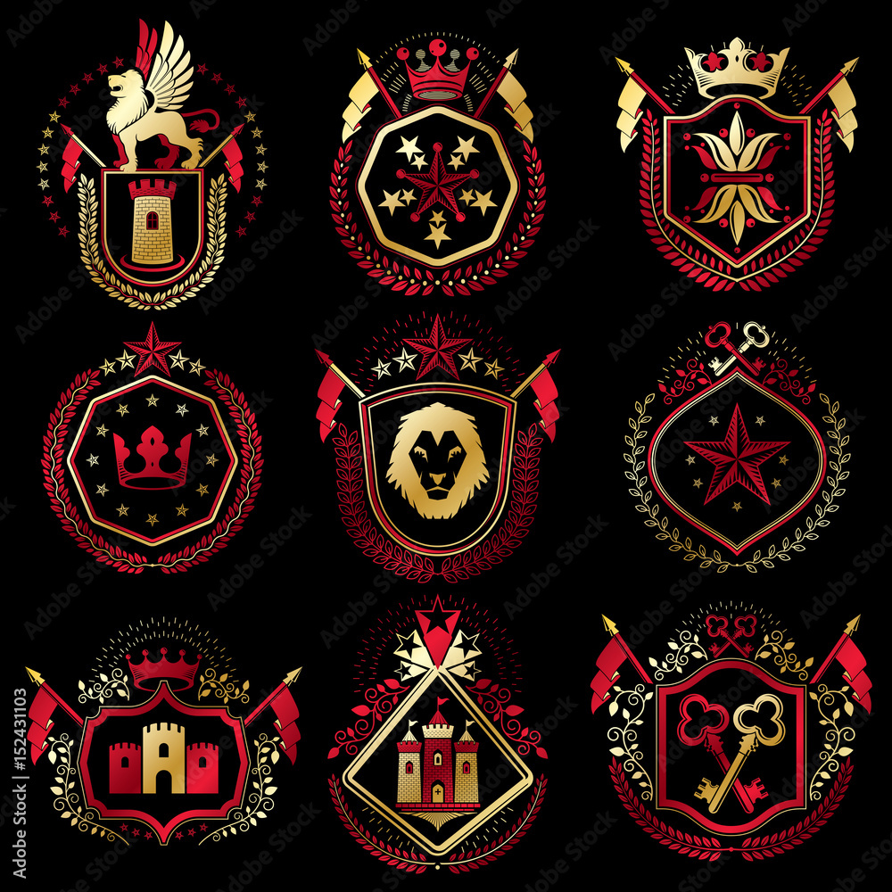 Set of vector retro vintage insignias created with design elements like medieval castles, armory, wild animals, imperial crowns. Collection of coat of arms.