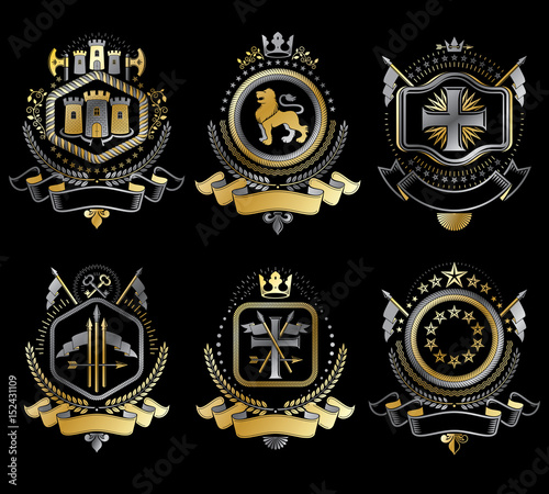 Set of vector vintage elements, heraldry labels stylized in retro design. Symbolic illustrations collection composed with medieval strongholds, monarch crowns, crosses and armory.