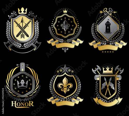 Set of vector vintage elements  heraldry labels stylized in retro design. Symbolic illustrations collection composed with medieval strongholds  monarch crowns  crosses and armory.