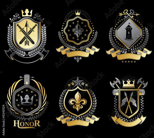 Set of vector vintage elements, heraldry labels stylized in retro design. Symbolic illustrations collection composed with medieval strongholds, monarch crowns, crosses and armory.