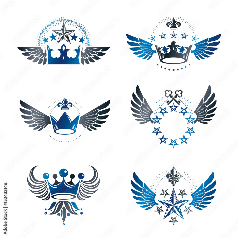 Royal Crowns and Vintage Stars emblems set. Heraldic vector design elements collection. Retro style label, heraldry logo.