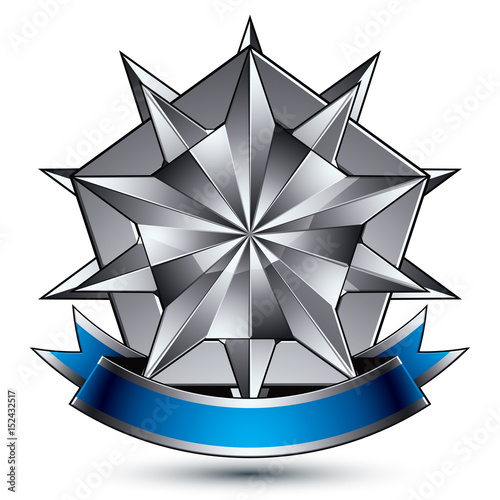 Heraldic 3d glossy blue and gray icon - can be used in web and graphic design, complicated silver star placed over shield magnificent element with elegant ribbon, clear EPS 8 vector.