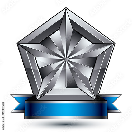 Heraldic 3d glossy blue and gray icon - can be used in web and graphic design, complicated facet silver star placed over shield magnificent element with elegant ribbon, clear EPS 8 vector.