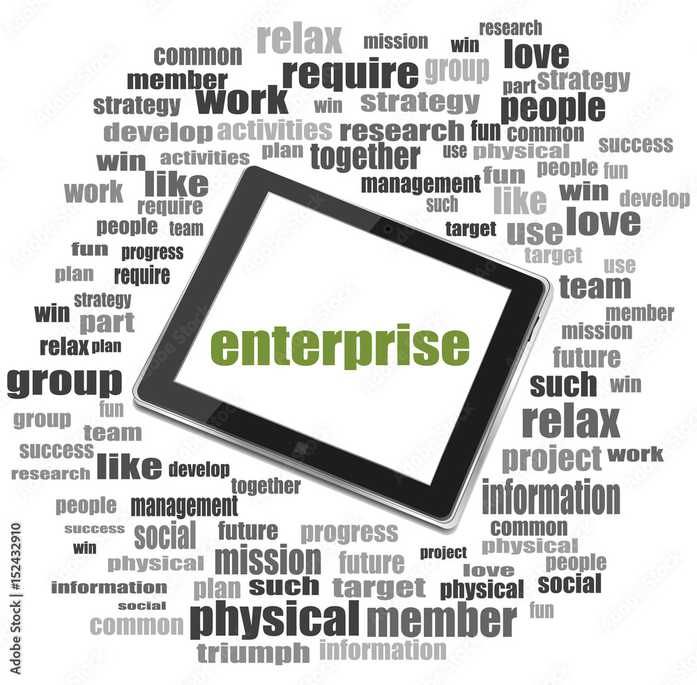 Text enterprise. Business concept . Tablet Pc. Word cloud collage Text enterprise. Business concept . Tablet Pc. Word cloud collage