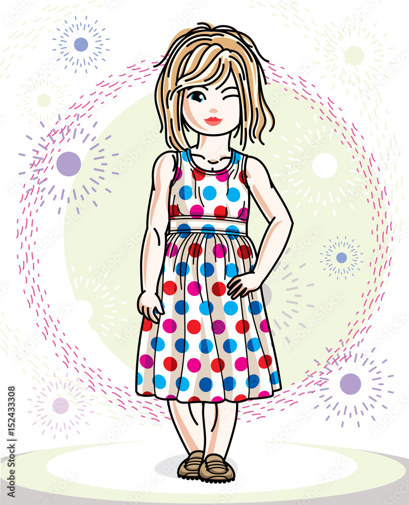 Little blonde cute girl toddler in casual clothes. Vector Illustration of pretty child standing. Little blonde cute girl toddler in casual clothes. Vector Illustration of pretty child standing.
