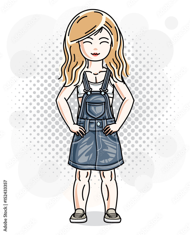 Cute little blonde girl in jeans wear. Vector illustration of human standing. Cute little blonde girl in jeans wear. Vector illustration of human standing.