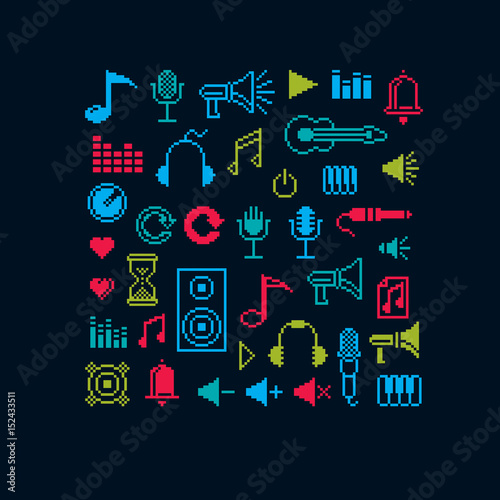 Set of vector musical notes retro signs made in pixel art style. Music theme geometric pixilated symbols.