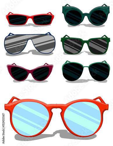 A set of sunglasses in different frames on a white background. Close-up showing glasses in bright orange frame eps 10 illustration