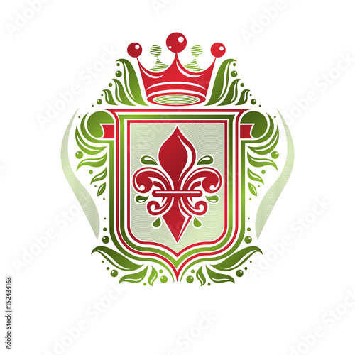 Vintage heraldic insignia made with monarch crown and lily flower royal symbol. Eco friendly product symbol, king quality theme illustration, protection shield created with cartouche.
