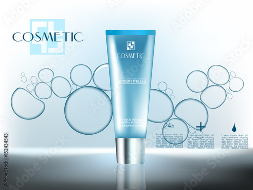 Cosmetic ads, 3d premium cosmetic bottles gel with water bubbles on abstract blue surface background. Vector illustration.