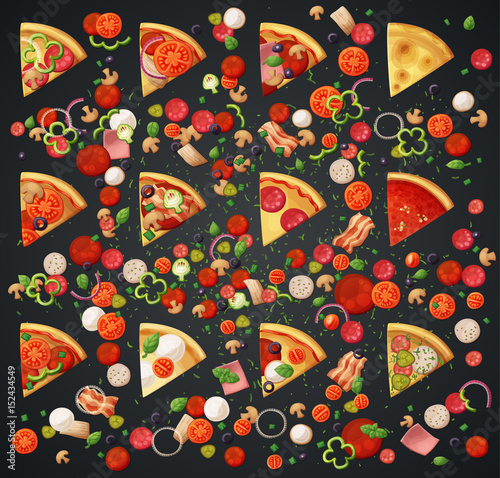 Various pizza top view slices and ingredients. Cartoon vector illustration