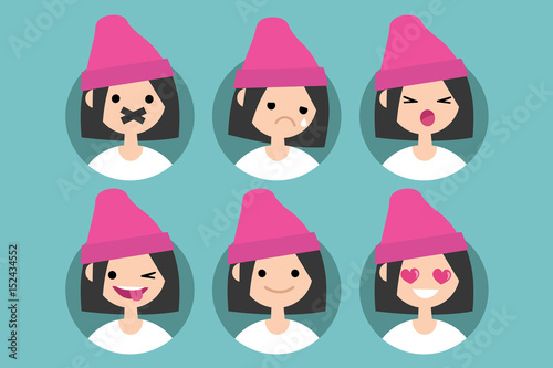Millennial girl profile pics / Set of flat vector portraits. taped mouth, crying, yelling, winking and sticking out tongue, smiling, in love