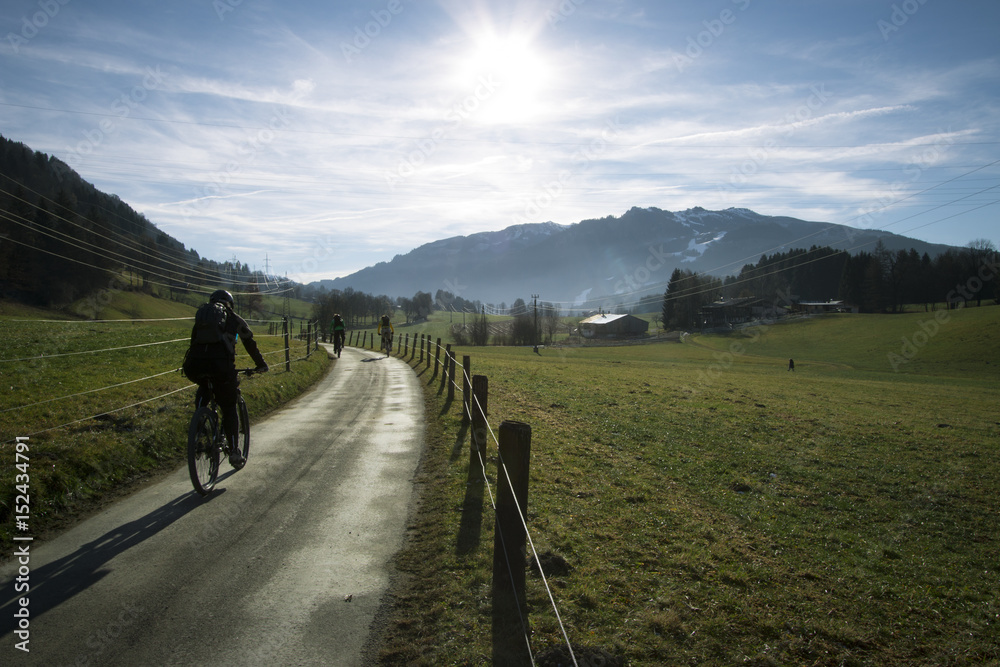 Velofahrer / Biker auf Weg in den Alpen im Sonnenschein