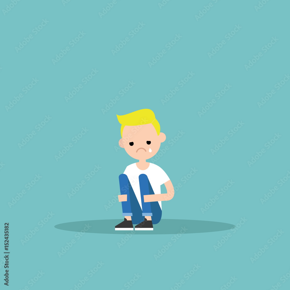 Upset crying blond boy sitting and hugging his knees / editable flat vector illustration Upset crying blond boy sitting and hugging his knees / editable flat vector illustration