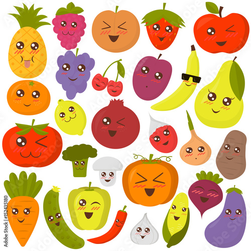 Cute vegetables and fruits vector illustration. Colorful flat style stickers.