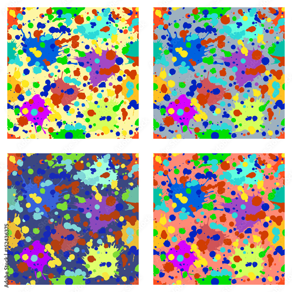 Vector set of seamless patterns, tiles with inc splash, blots, smudge and brush strokes. Grunge endless template for web background, prints, wallpaper, surface, wrapping, repeat elements for design.