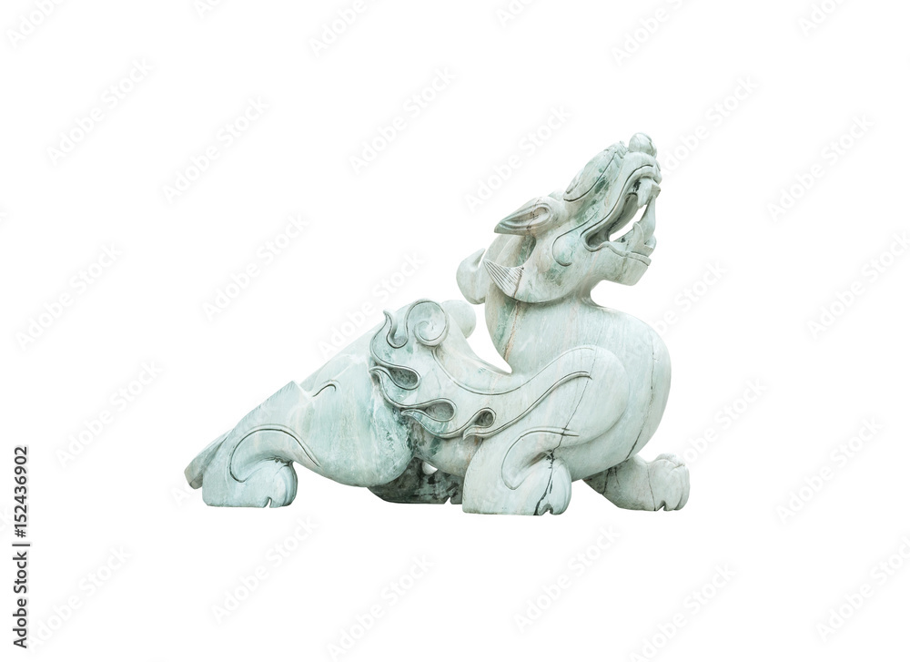 Closeup old green jade leo statue for good fortune in front of door in the temple of thailand isolated on white background with clipping path Closeup old green jade leo statue for good fortune in front of door in the temple of thailand isolated on white background with clipping path